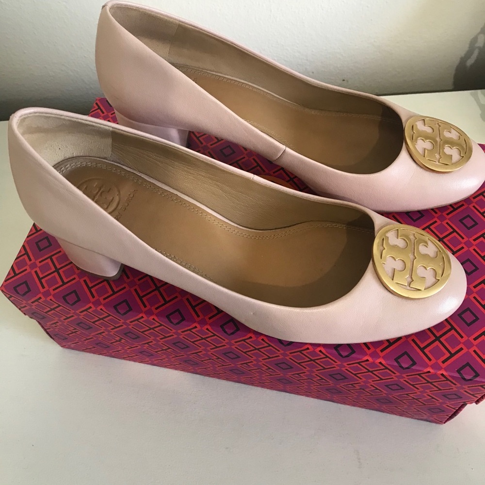 Tory Burch Pink Heels with Gold Logo